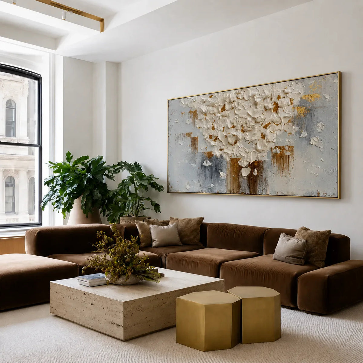 White Blossom Canopy with a Golden Trunk Wall Art styled interior scene 5 | Olyrel