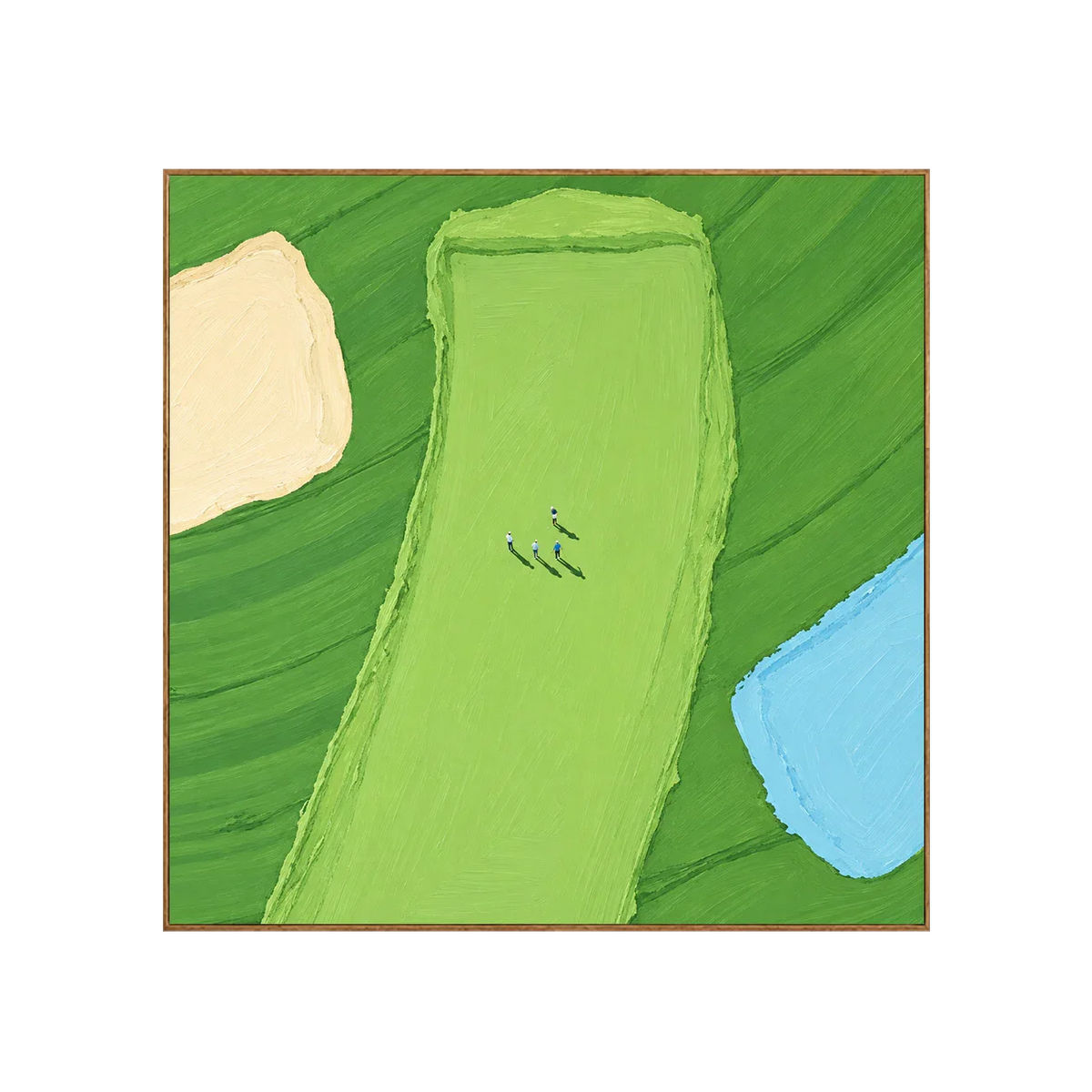 Tiny Golfers on a Lime Fairway beside Blue Water Wall Art | Olyrel