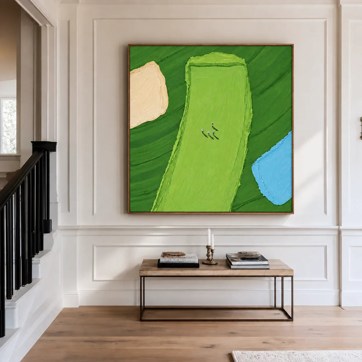 Tiny Golfers on a Lime Fairway beside Blue Water Wall Art styled interior scene 2 | Olyrel