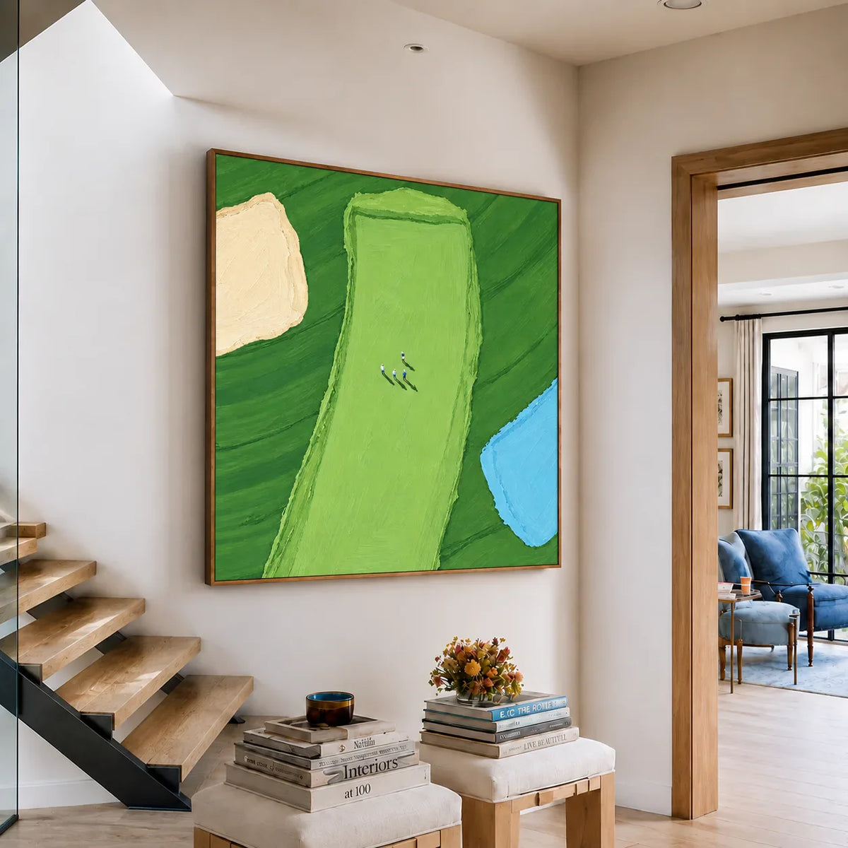 Tiny Golfers on a Lime Fairway beside Blue Water Wall Art styled interior scene 5 | Olyrel