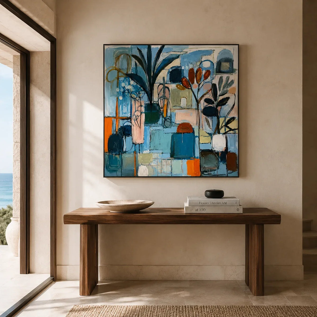 Blue Atelier Floral Wall Art styled in a contemporary entryway | Olyrel