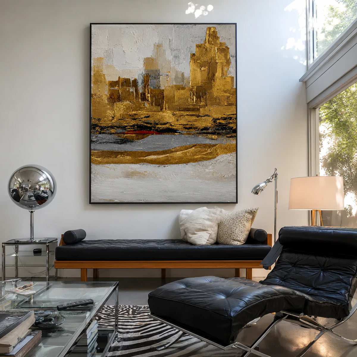 Golden Skyline above Gray and Ivory Layers Wall Art styled interior scene 2 | Olyrel