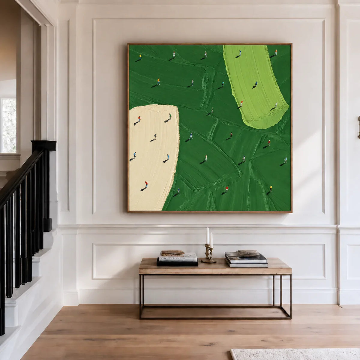 Scattered Golfers across Emerald and Cream Fields Wall Art styled interior scene 2 | Olyrel