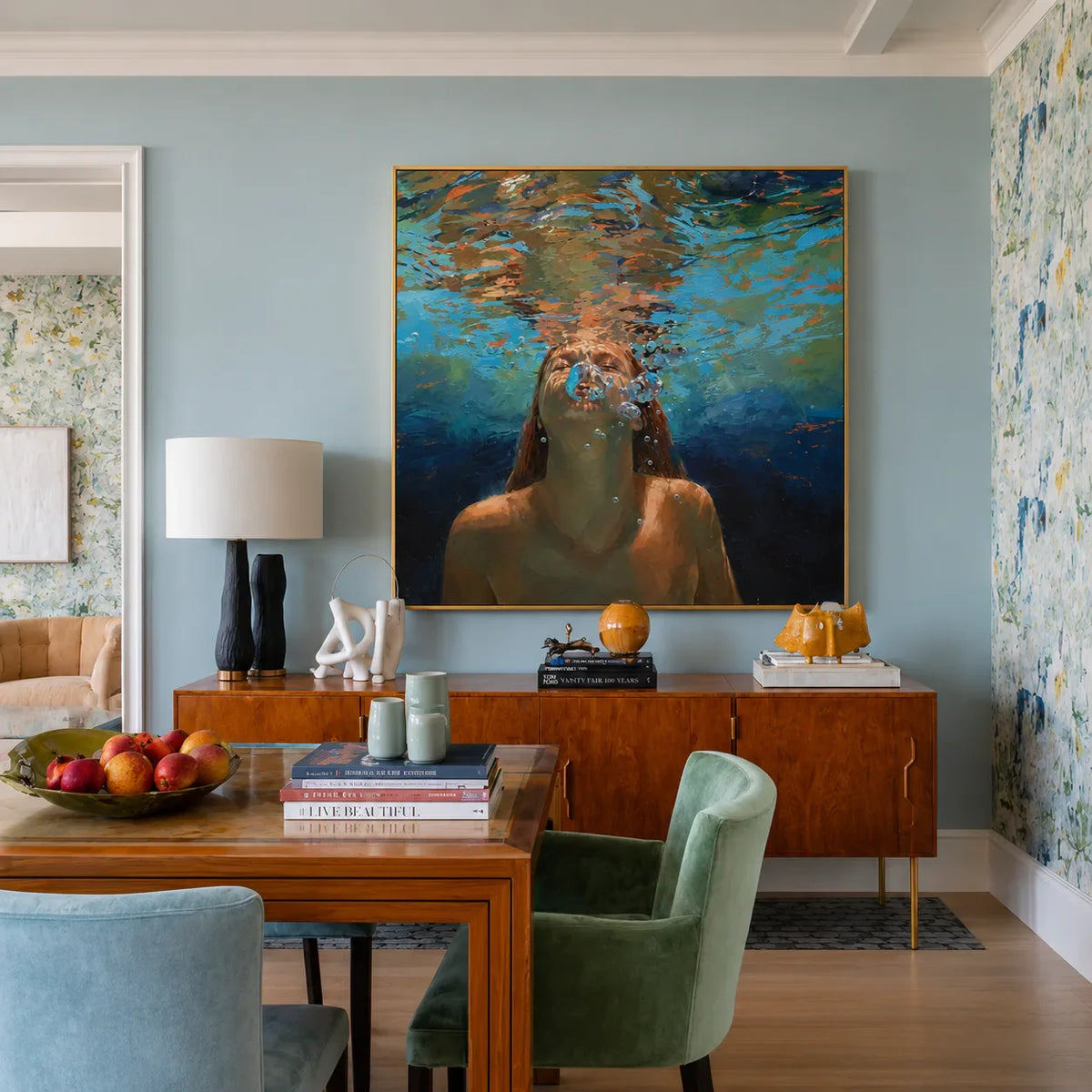 Underwater Swimmer beneath Golden Ripples Wall Art styled interior scene 1 | Olyrel