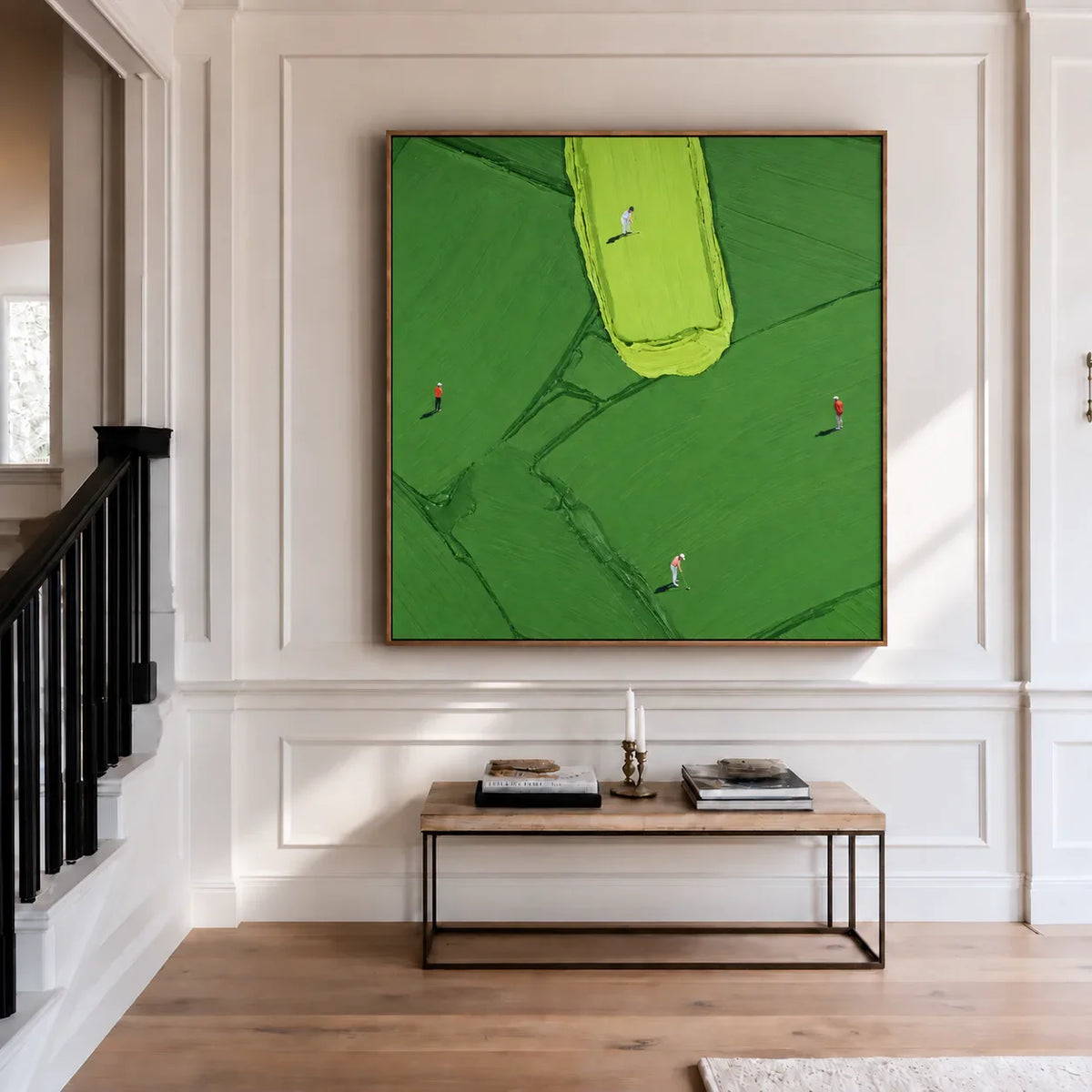 Four Golfers among Broad Green Brushstrokes Wall Art styled interior scene 2 | Olyrel