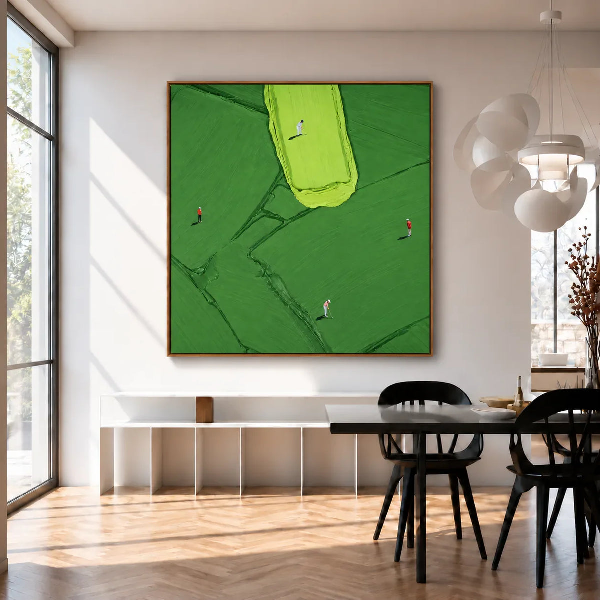 Four Golfers among Broad Green Brushstrokes Wall Art styled interior scene 3 | Olyrel