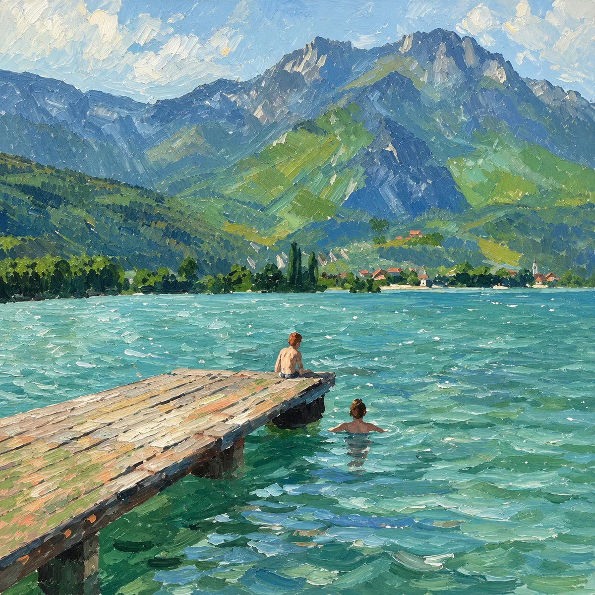 Swimmers by a Jetty on a Mountain Lake Wall Art artwork view | Olyrel