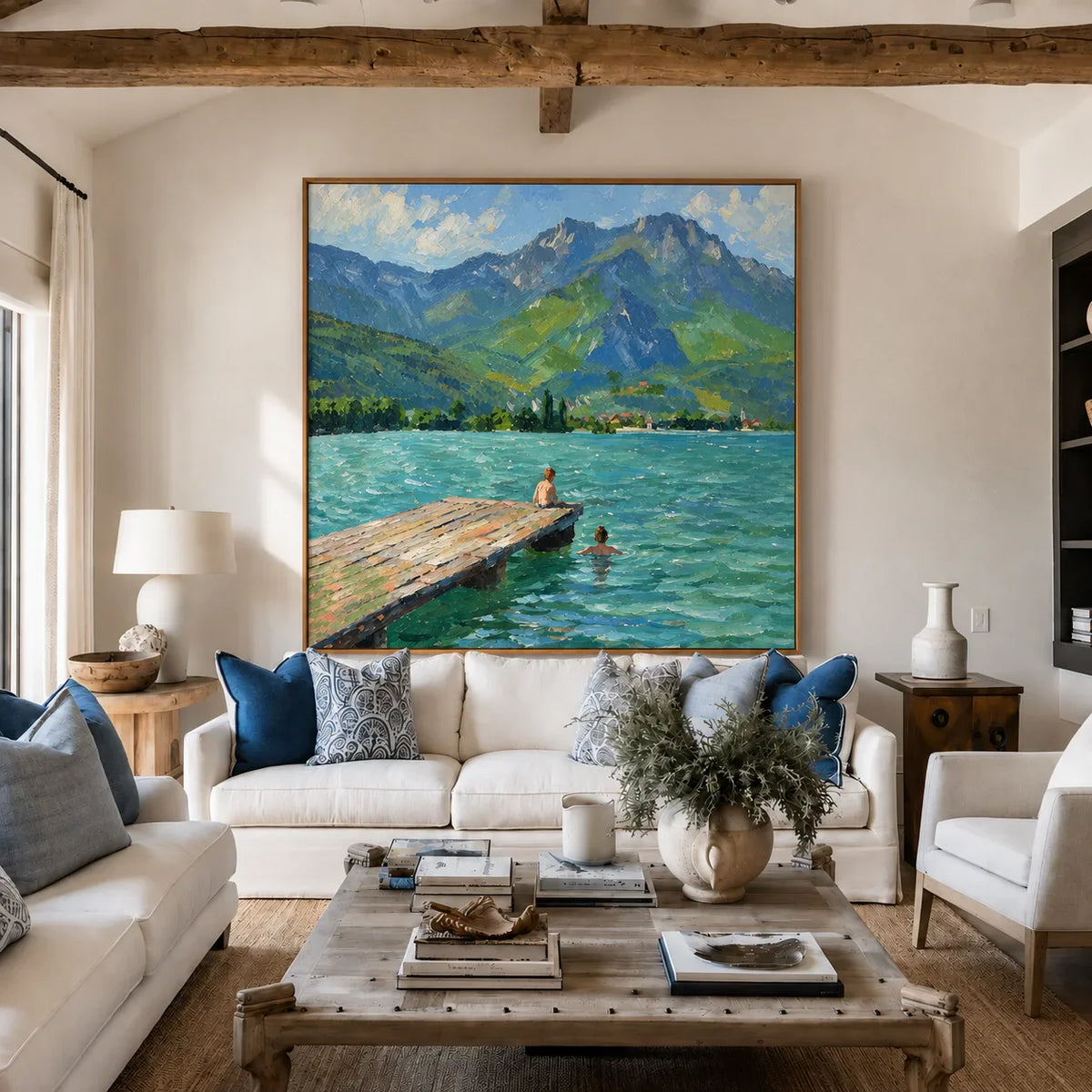 Swimmers by a Jetty on a Mountain Lake Wall Art styled interior scene 2 | Olyrel