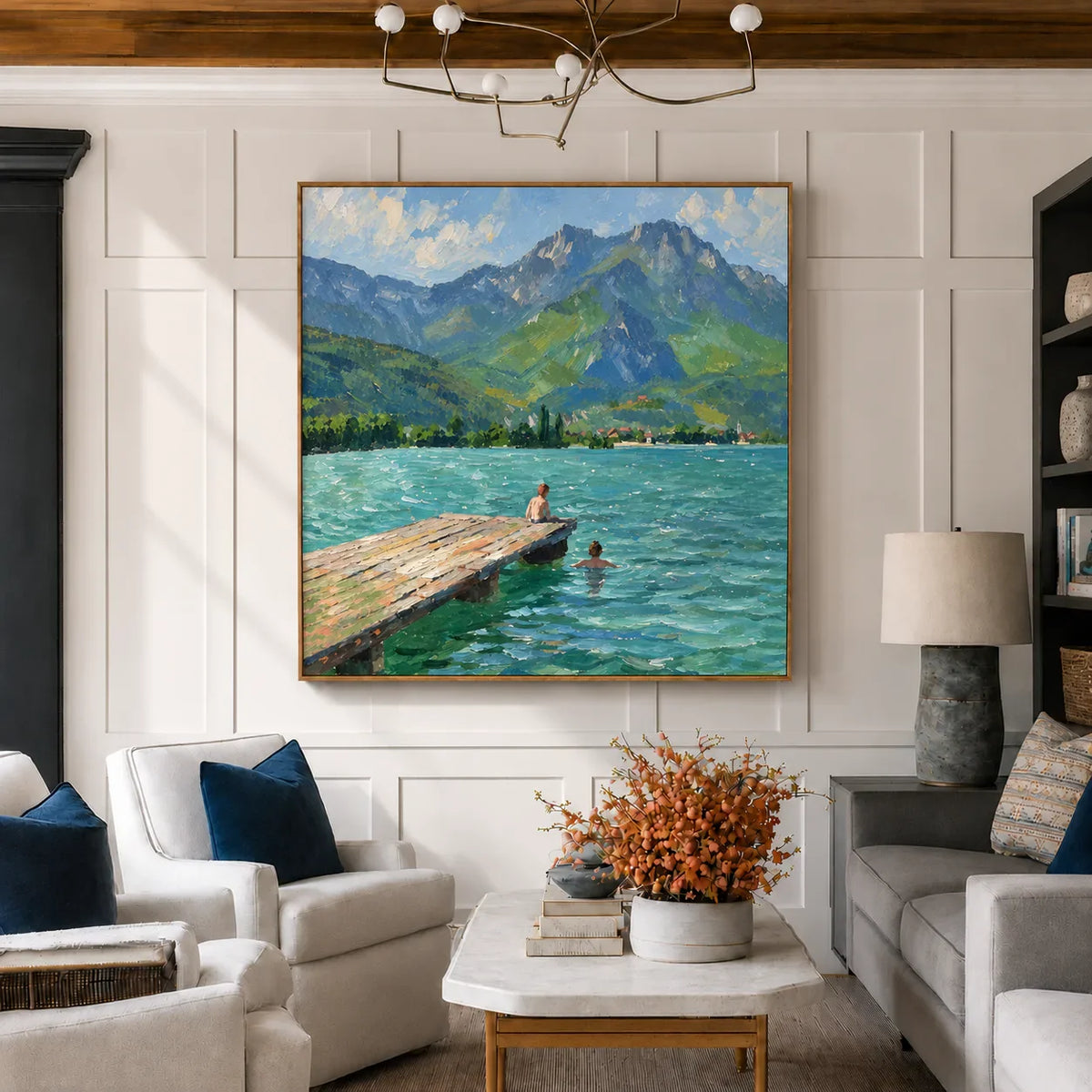 Swimmers by a Jetty on a Mountain Lake Wall Art styled interior scene 3 | Olyrel