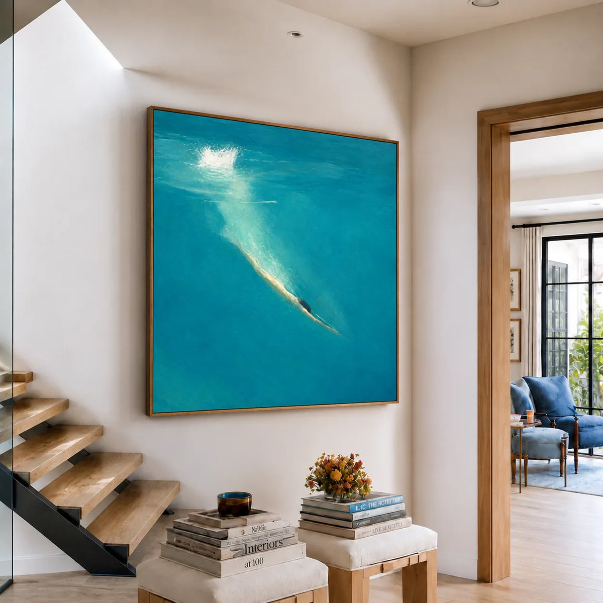 Golden Dive into Turquoise Water Wall Art styled interior scene 1 | Olyrel