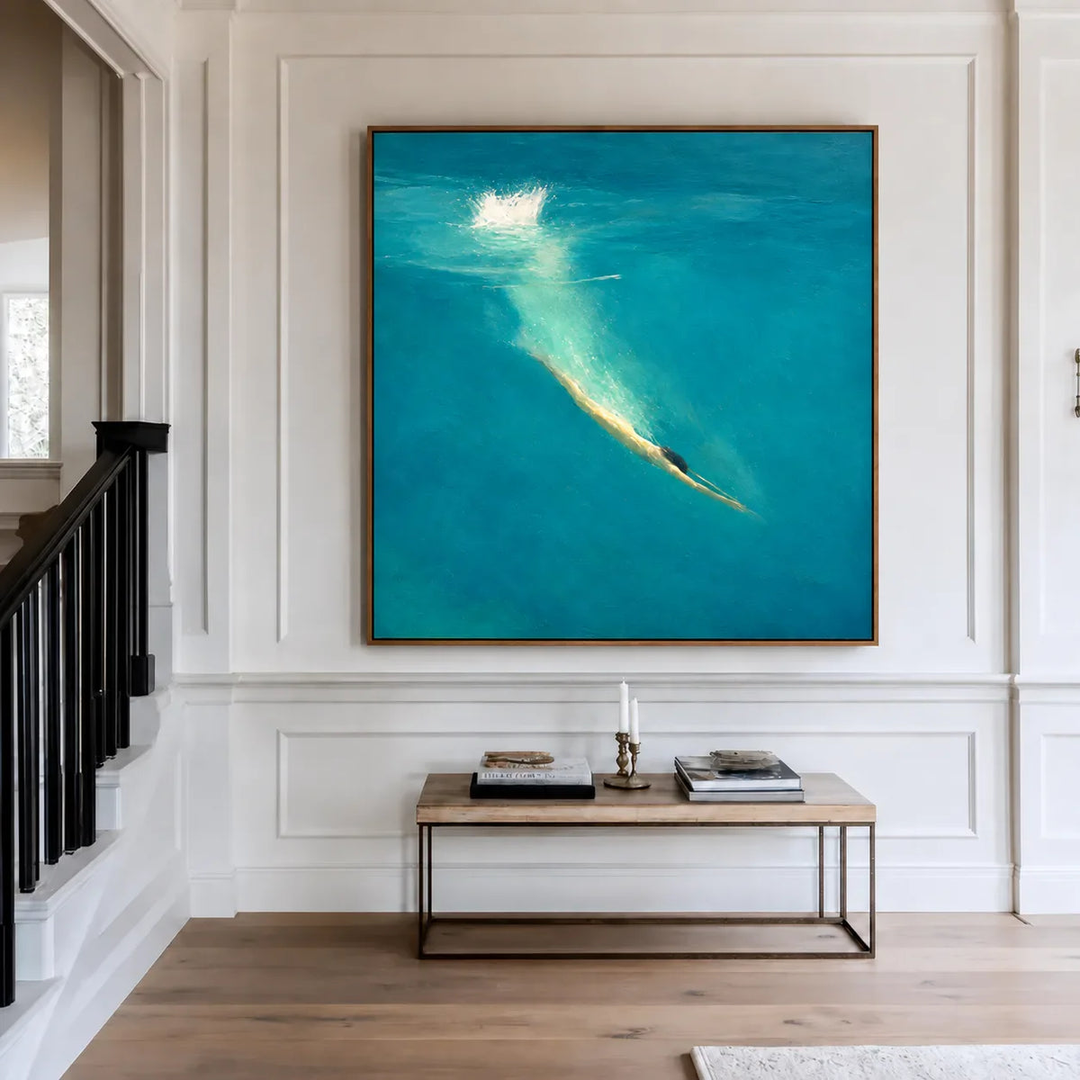 Golden Dive into Turquoise Water Wall Art styled interior scene 5 | Olyrel
