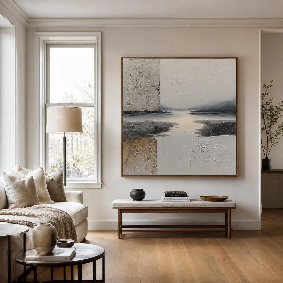 Quiet River Passage in Ivory and Charcoal Wall Art styled interior scene 4 | Olyrel