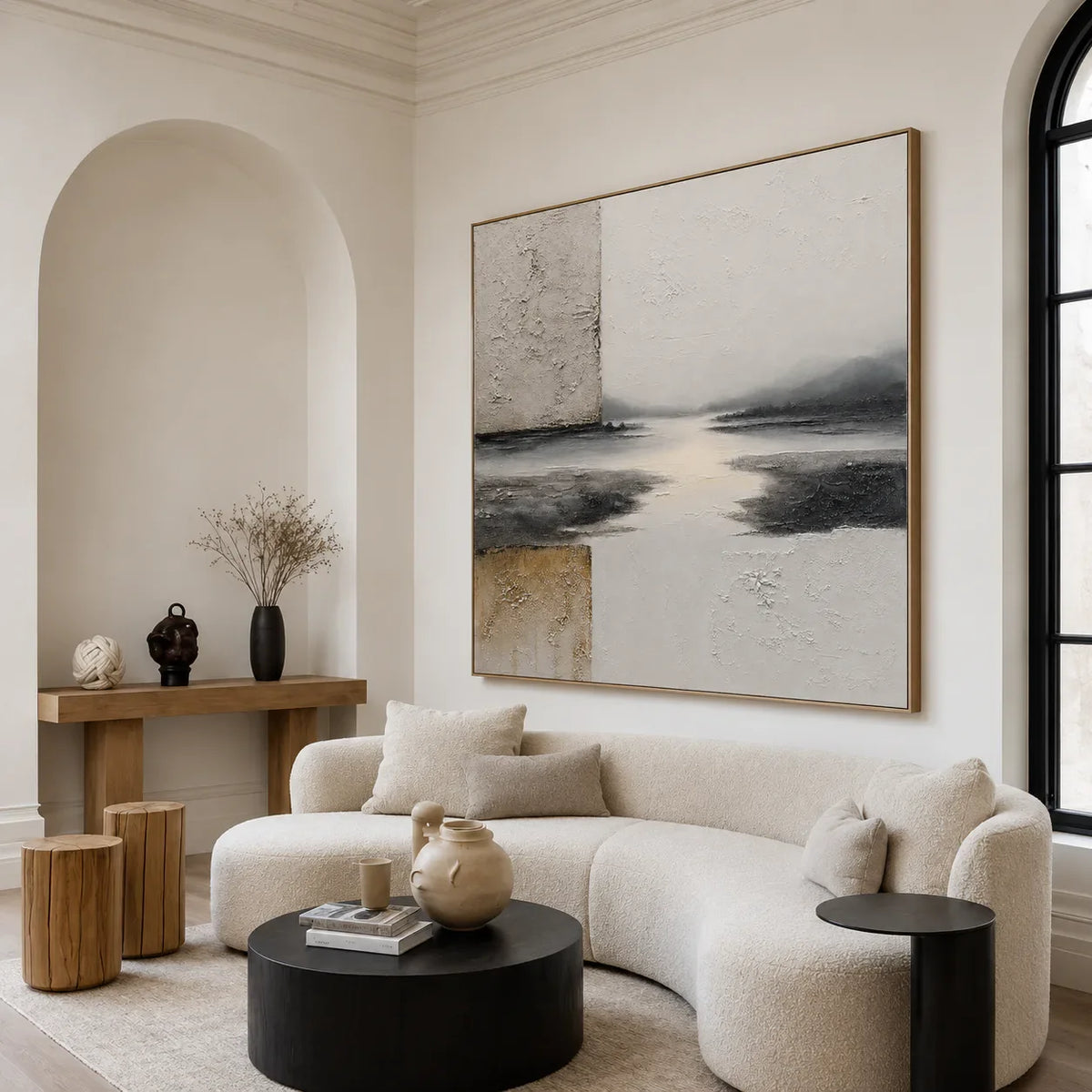 Quiet River Passage in Ivory and Charcoal Wall Art styled interior scene 5 | Olyrel