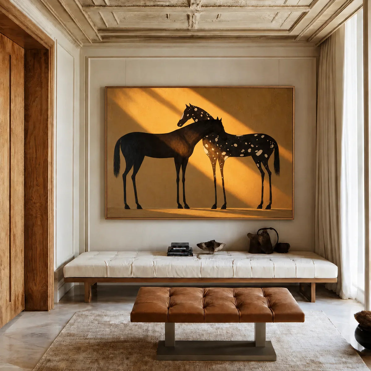Two Horses in Amber Sunlight Wall Art styled interior scene 2 | Olyrel