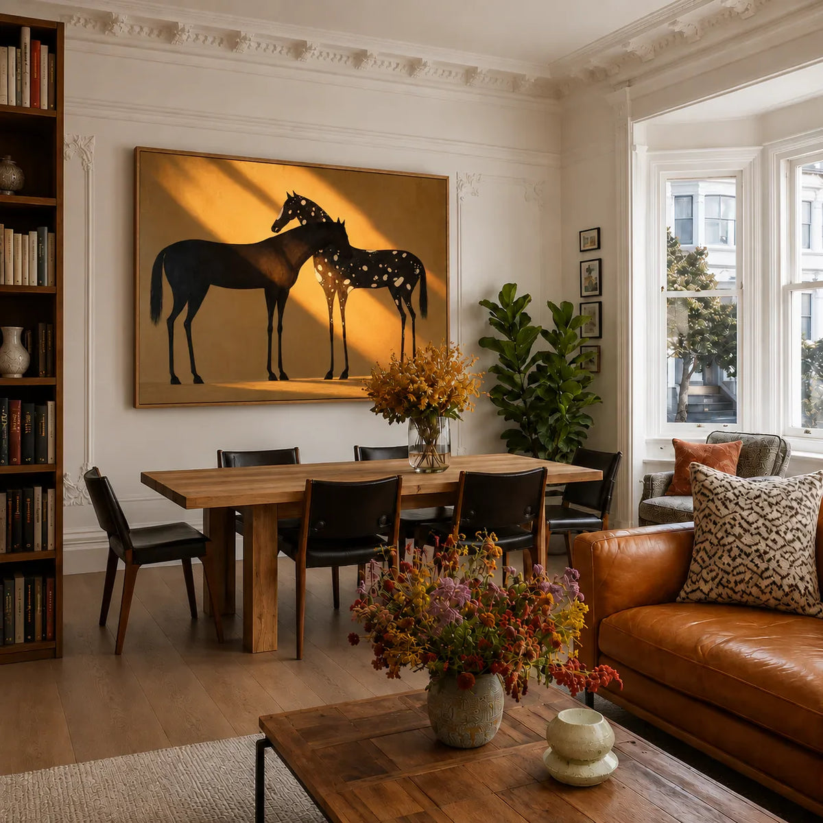 Two Horses in Amber Sunlight Wall Art styled interior scene 3 | Olyrel