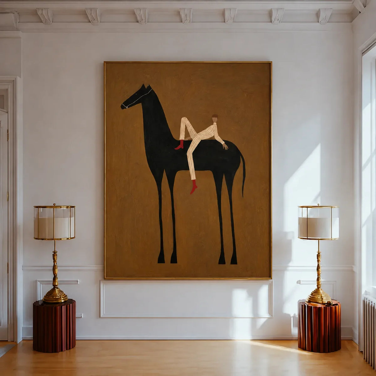 Reclining Rider on a Tall Black Horse Wall Art styled interior scene 1 | Olyrel