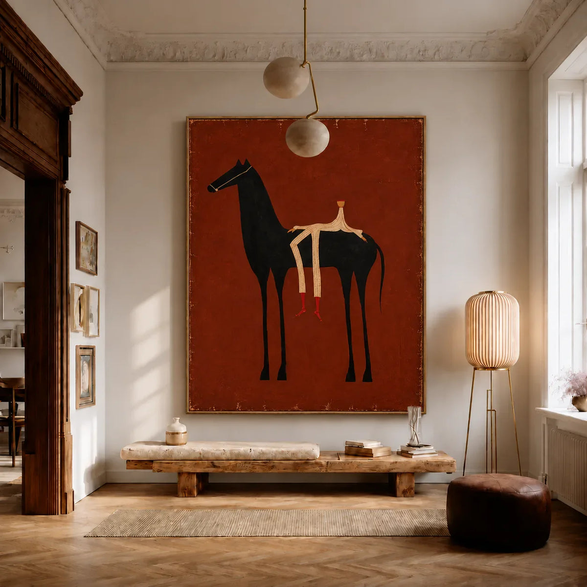 Cream Rider and Black Horse on Rust Red Wall Art styled interior scene 3 | Olyrel
