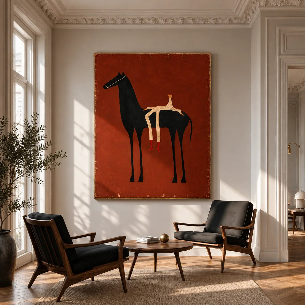 Cream Rider and Black Horse on Rust Red Wall Art styled interior scene 4 | Olyrel