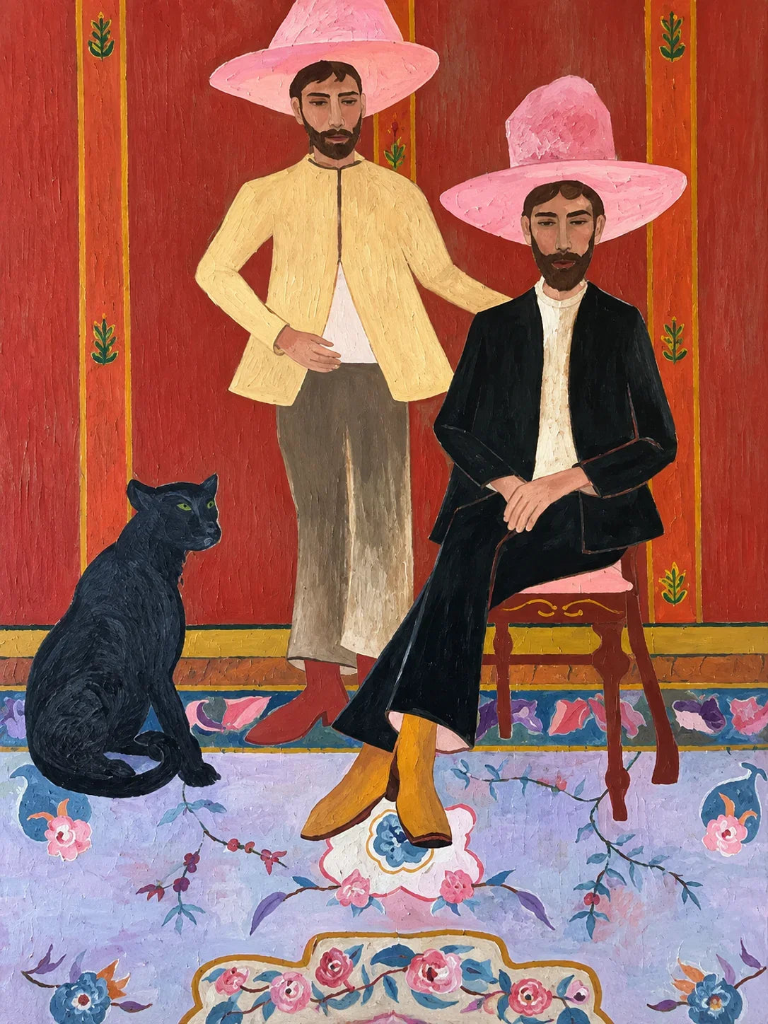 Pink Hat Companions with a Black Cat Wall Art artwork view | Olyrel