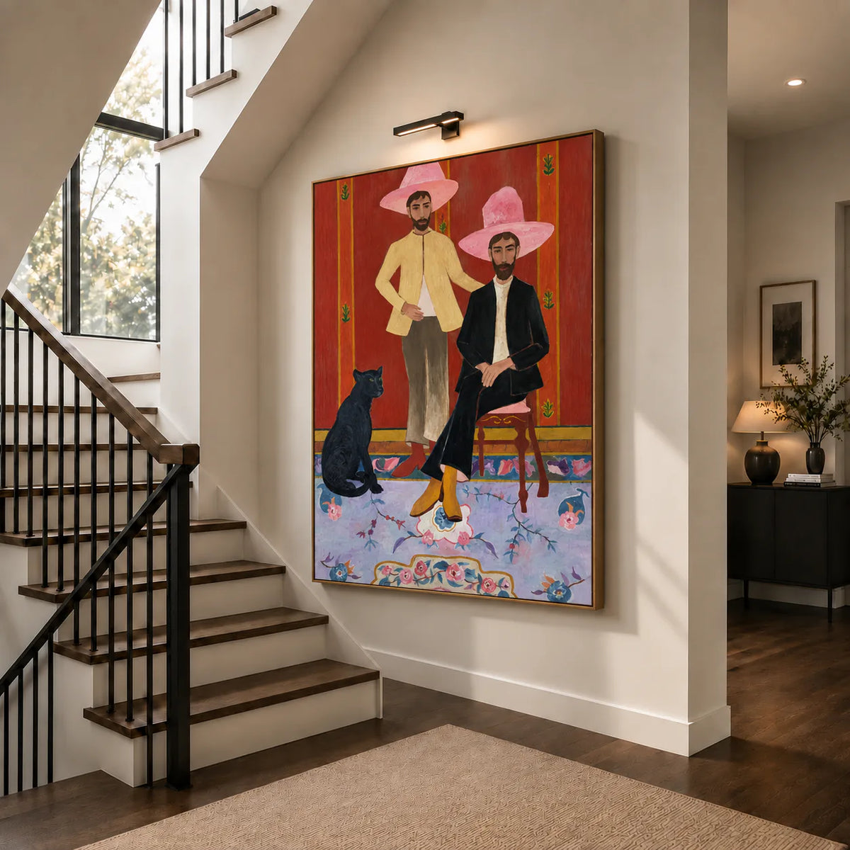Pink Hat Companions with a Black Cat Wall Art styled interior scene 2 | Olyrel