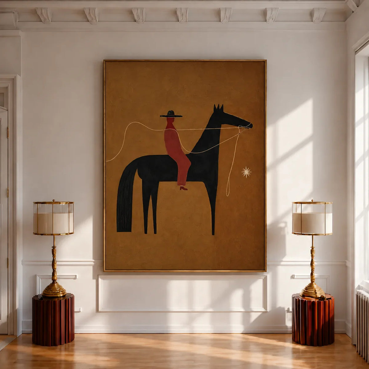 Horse and Rider with a Wandering Rope Wall Art styled interior scene 1 | Olyrel