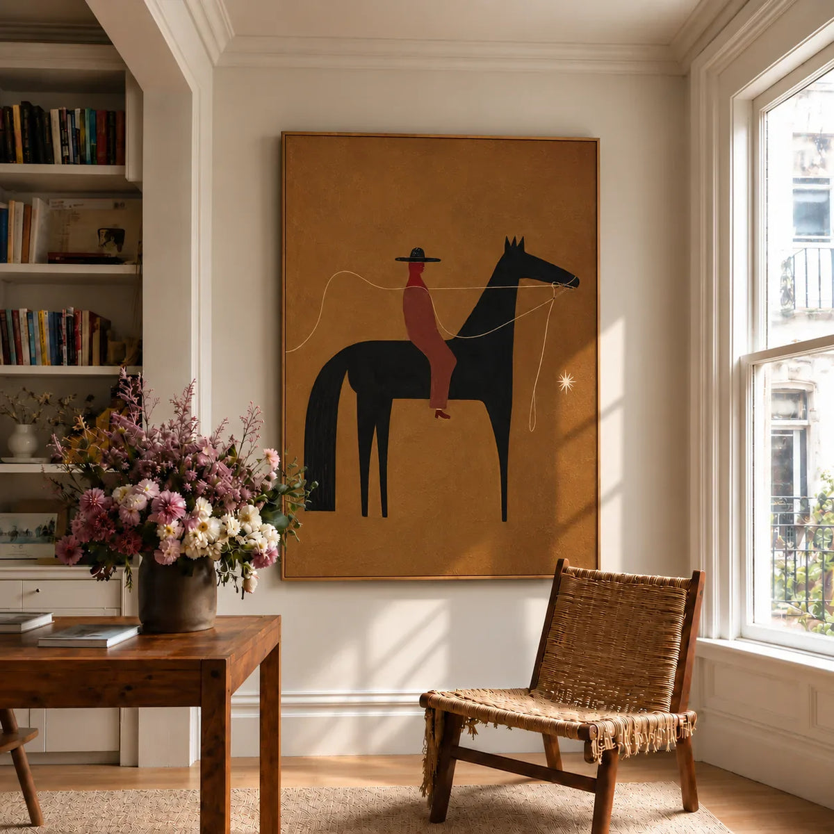 Horse and Rider with a Wandering Rope Wall Art styled interior scene 4 | Olyrel