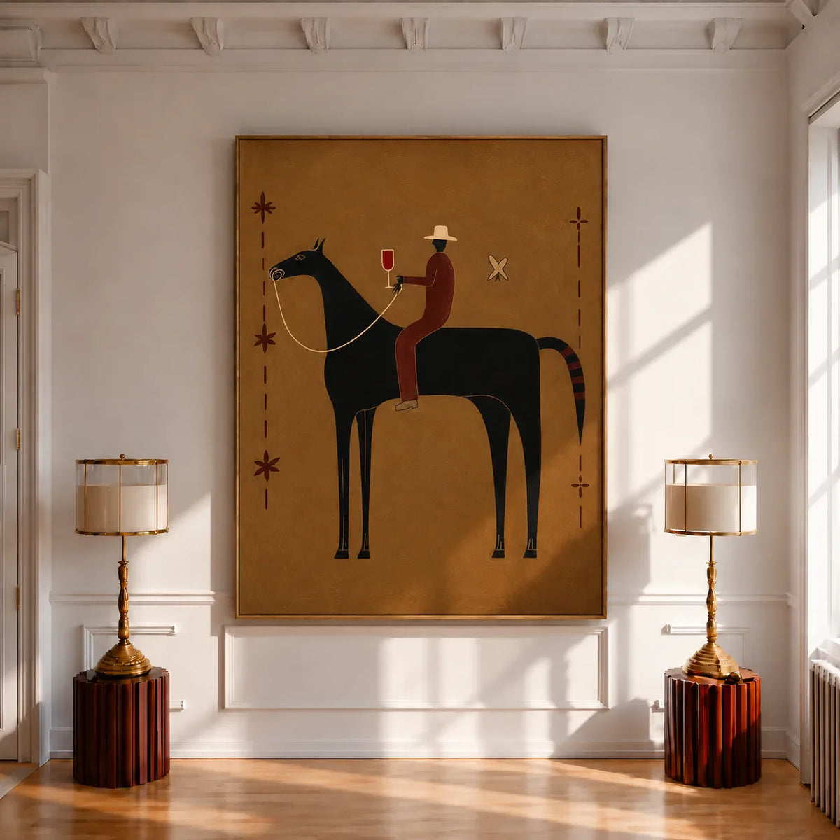 Equestrian Toast beneath a Cream Hat Wall Art styled interior scene 1 | Olyrel