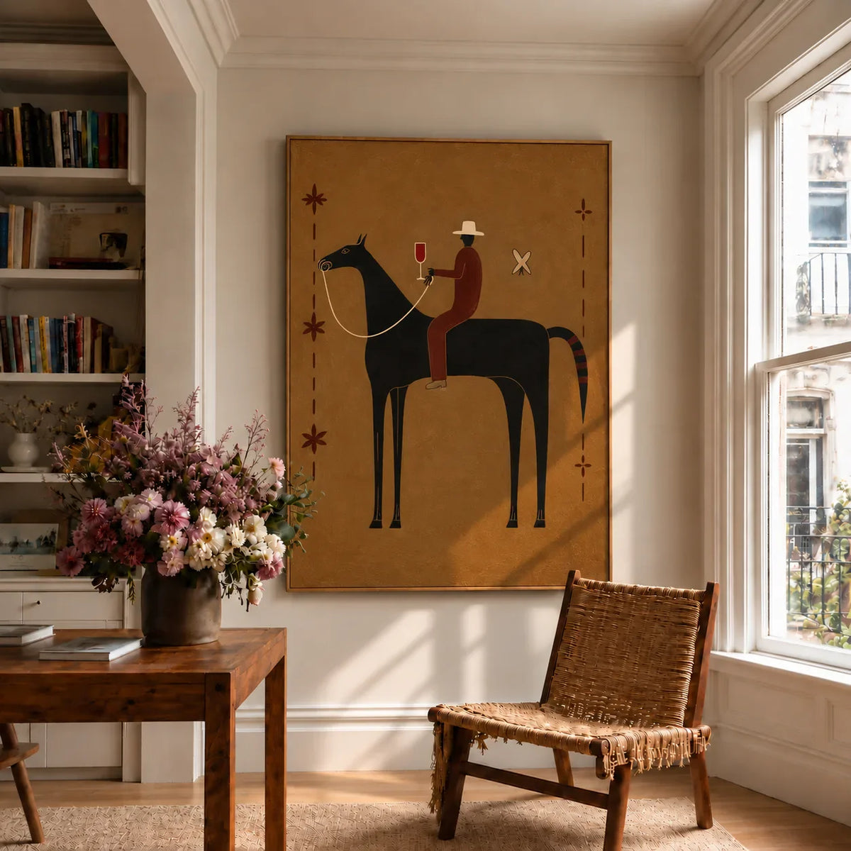 Equestrian Toast beneath a Cream Hat Wall Art styled interior scene 4 | Olyrel