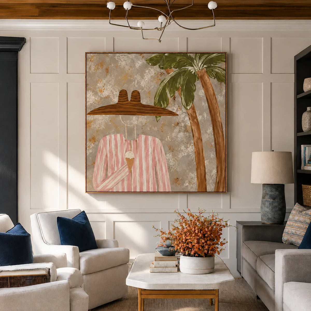 Pink Stripes and Ice Cream beneath a Palm Wall Art styled interior scene 4 | Olyrel