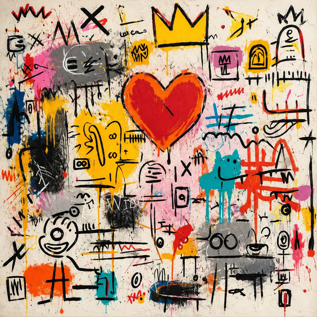Crowned Red Heart and Colorful Doodles Wall Art artwork view | Olyrel