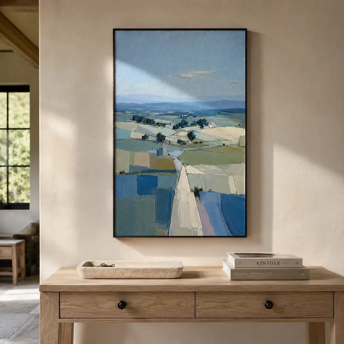Blue Fields Landscape Wall Art styled in a contemporary entryway | Olyrel