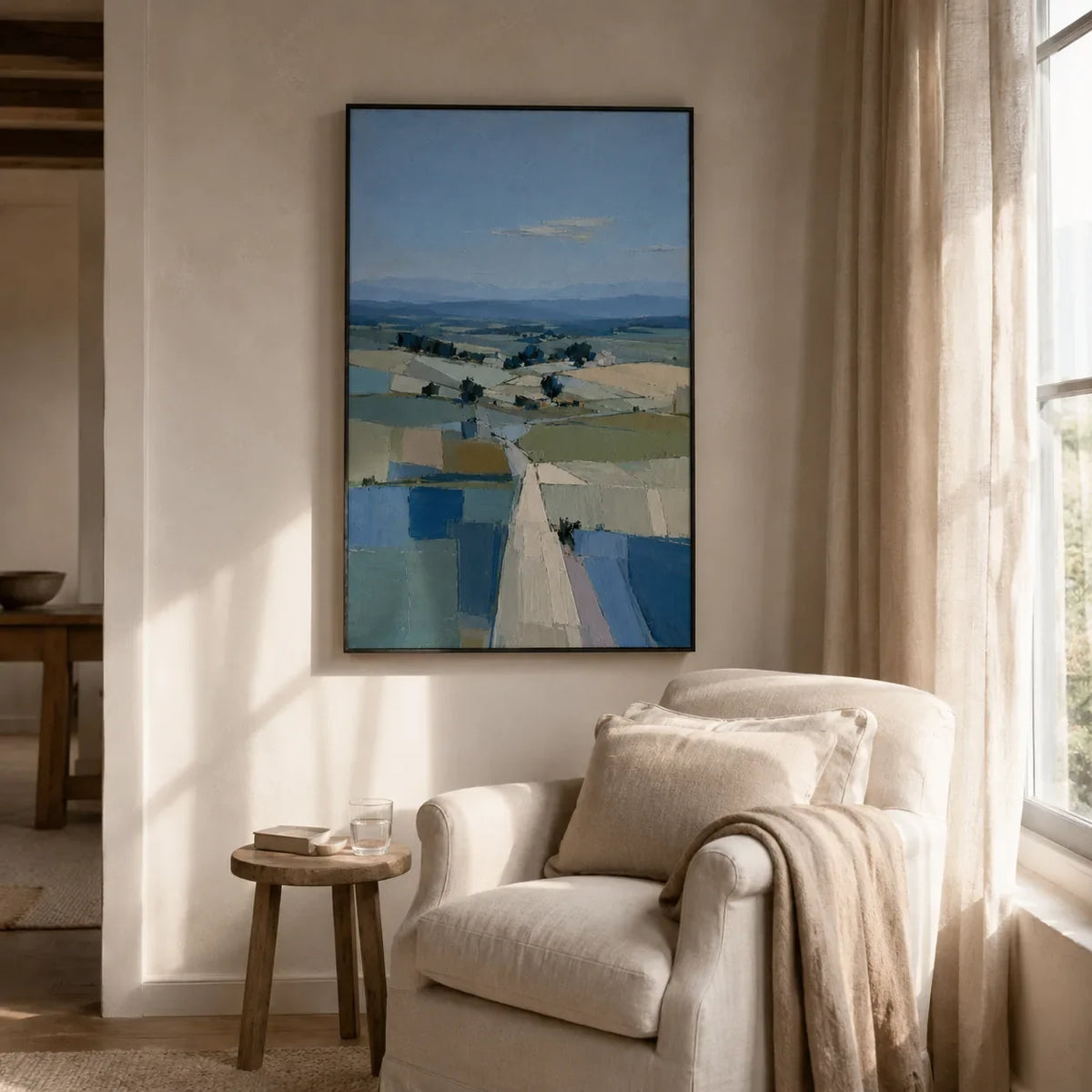 Blue Fields Landscape Wall Art styled in a cozy reading nook | Olyrel