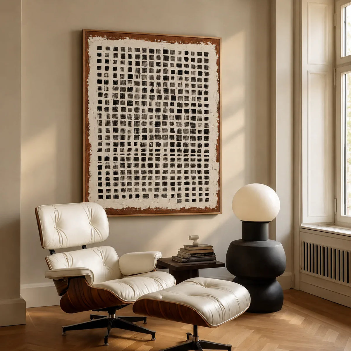 Weathered Black Square Grid Wall Art styled interior scene 1 | Olyrel