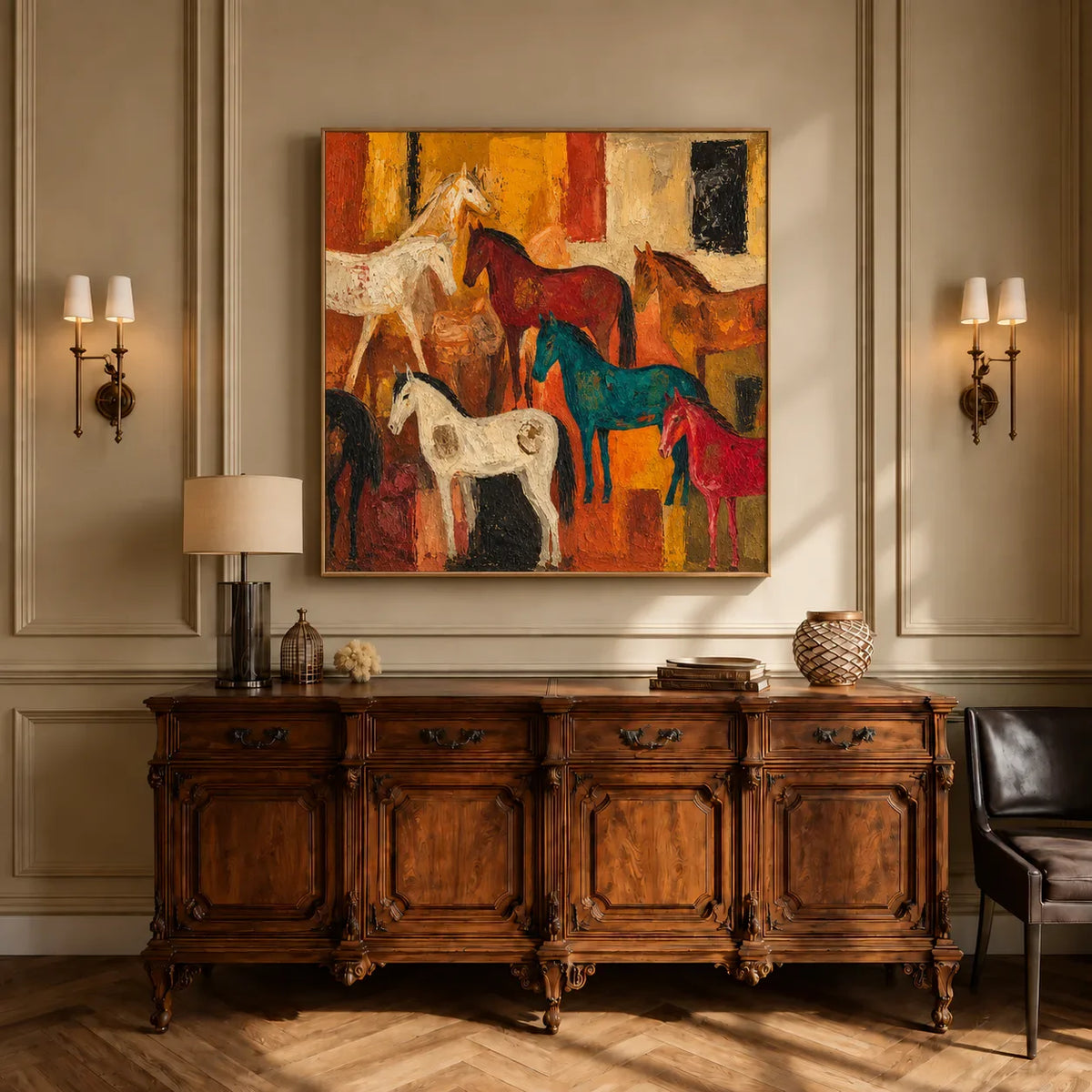Colorful Horse Gathering in Golden Ochre Wall Art styled interior scene 2 | Olyrel