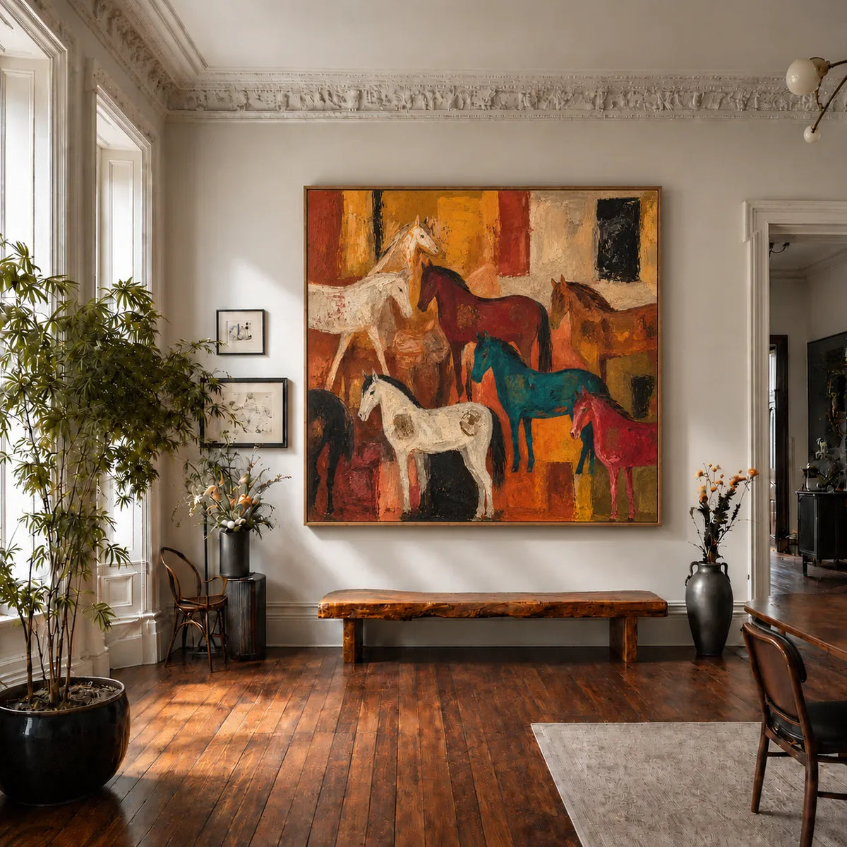 Colorful Horse Gathering in Golden Ochre Wall Art styled interior scene 5 | Olyrel