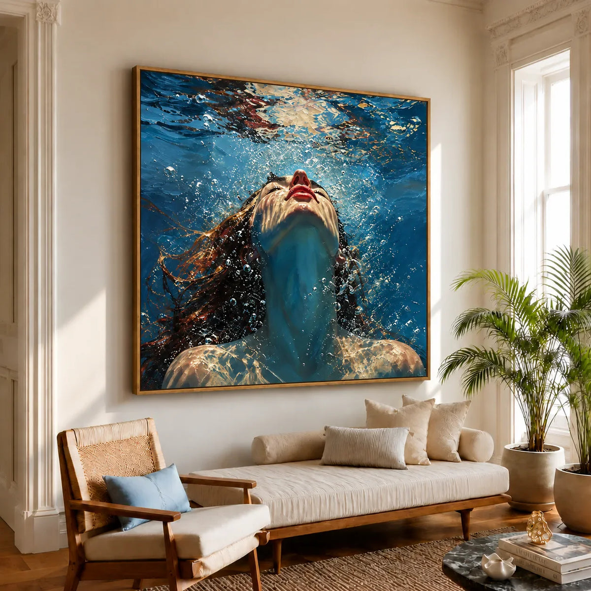 Upward Gaze beneath Blue Water Wall Art styled interior scene 1 | Olyrel