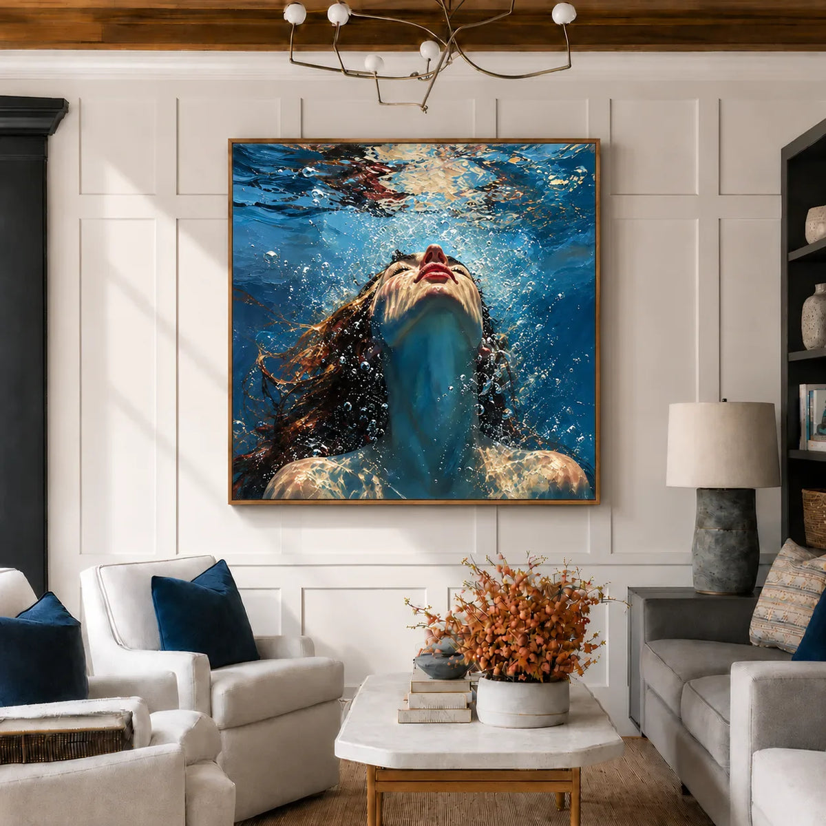 Upward Gaze beneath Blue Water Wall Art styled interior scene 3 | Olyrel