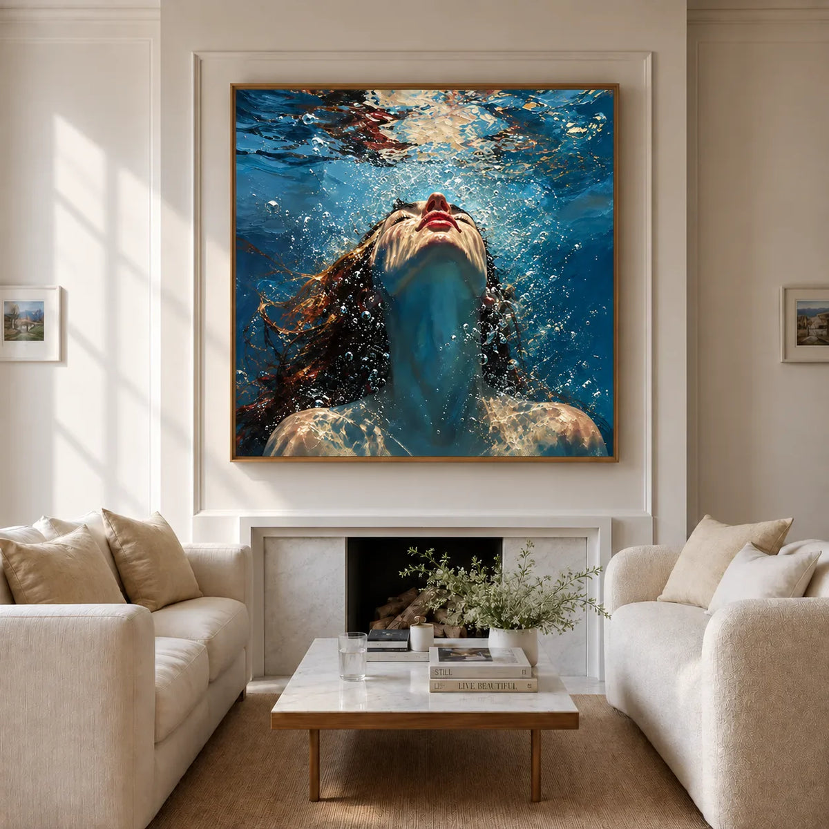 Upward Gaze beneath Blue Water Wall Art styled interior scene 4 | Olyrel