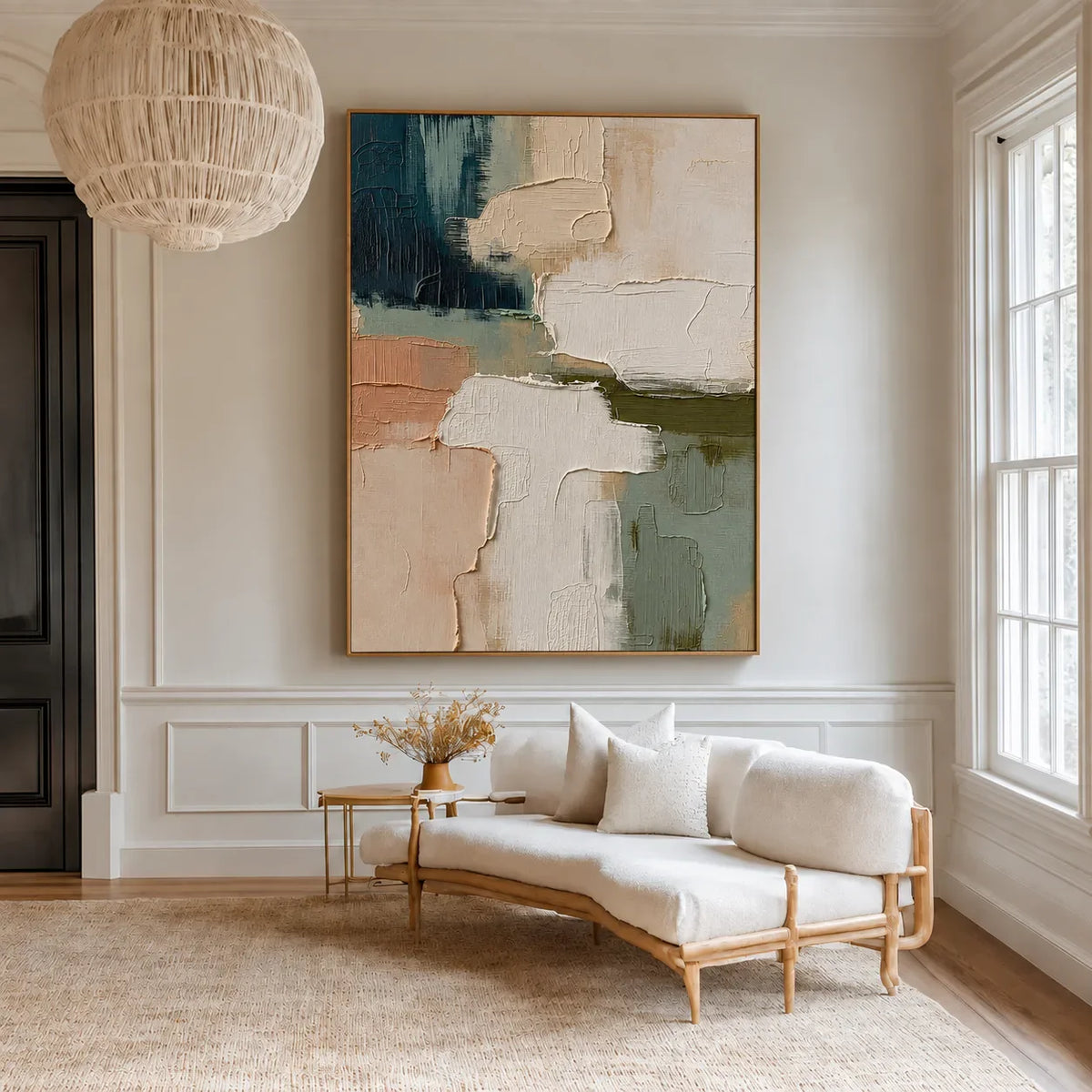 Layered Cream Sage and Teal Abstraction Wall Art styled interior scene 2 | Olyrel