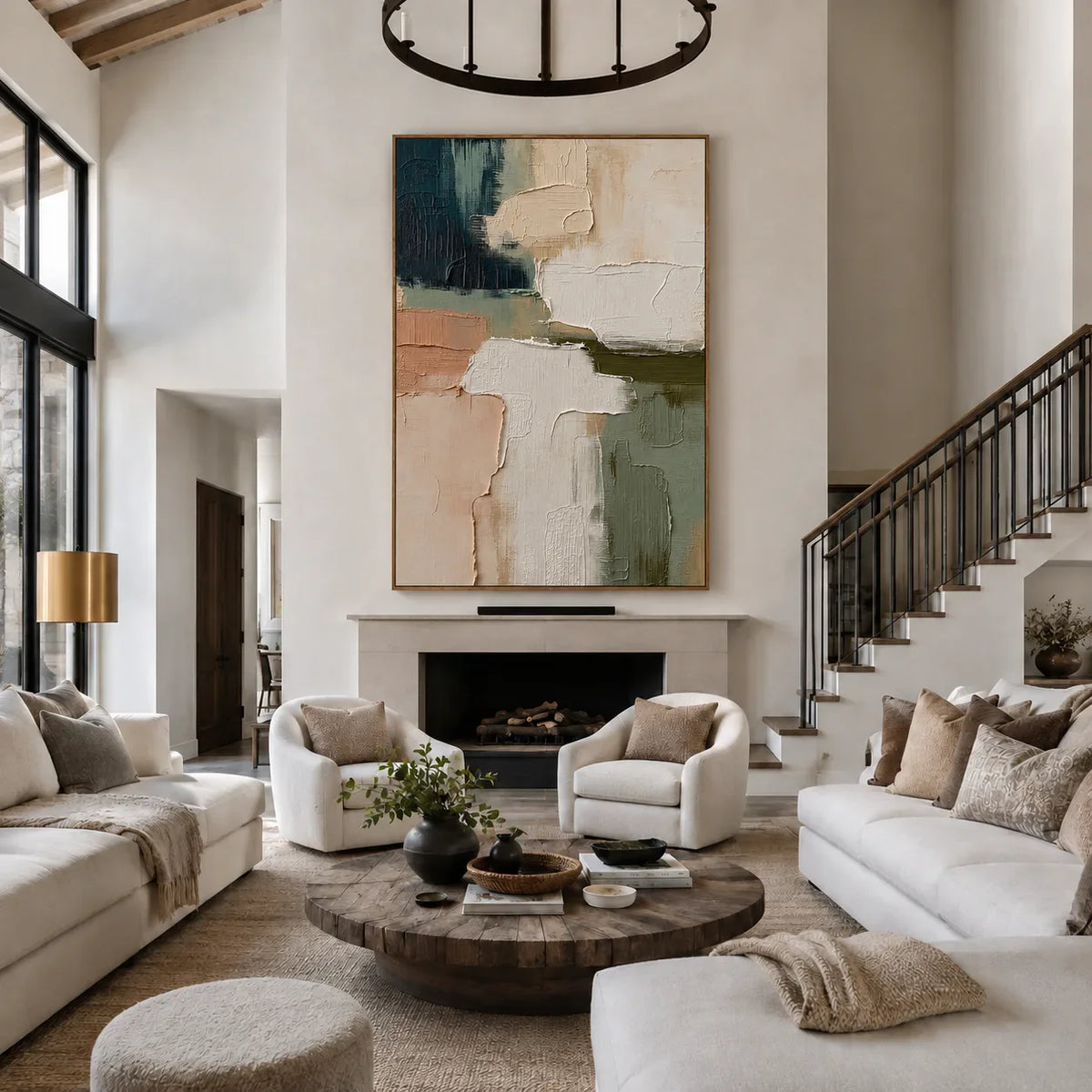 Layered Cream Sage and Teal Abstraction Wall Art styled interior scene 3 | Olyrel