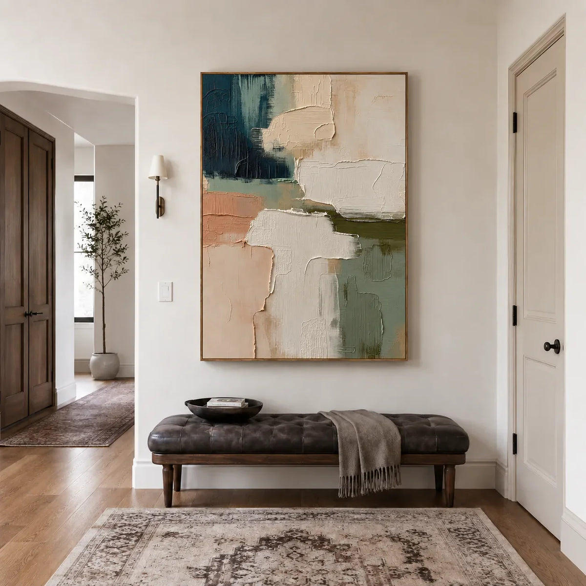 Layered Cream Sage and Teal Abstraction Wall Art styled interior scene 4 | Olyrel