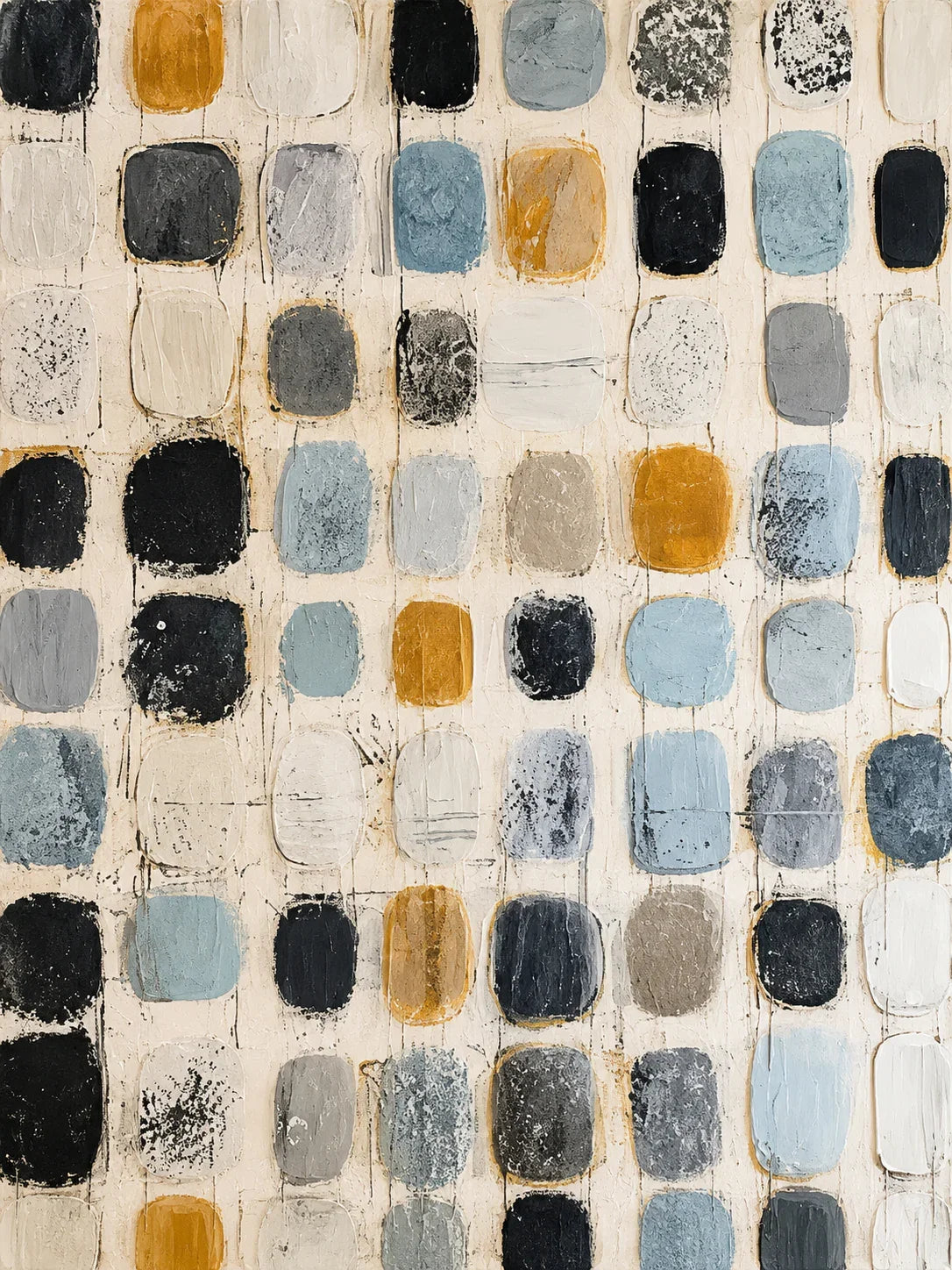 Soft Blue and Ochre Patchwork Grid Wall Art artwork view | Olyrel