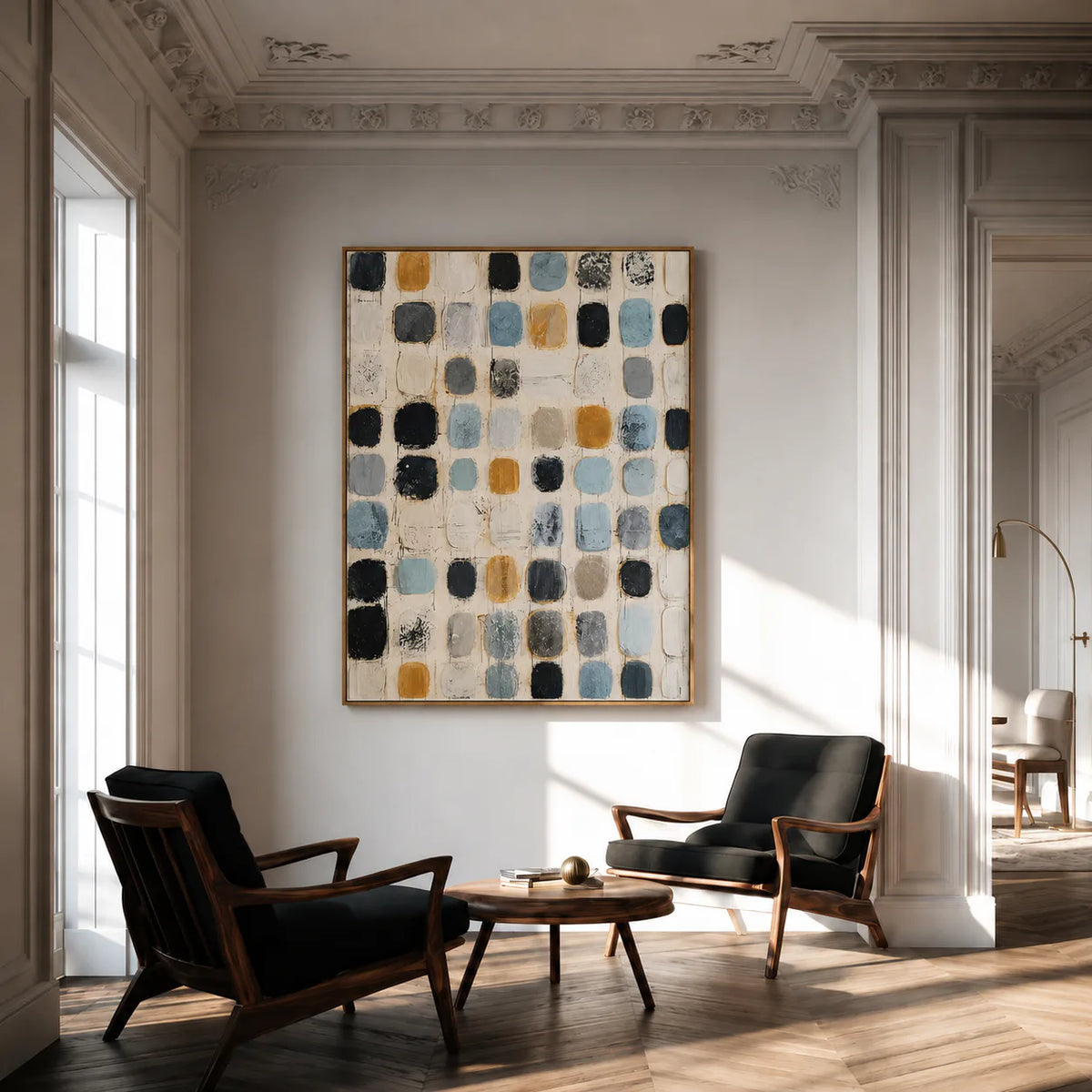 Soft Blue and Ochre Patchwork Grid Wall Art styled interior scene 4 | Olyrel