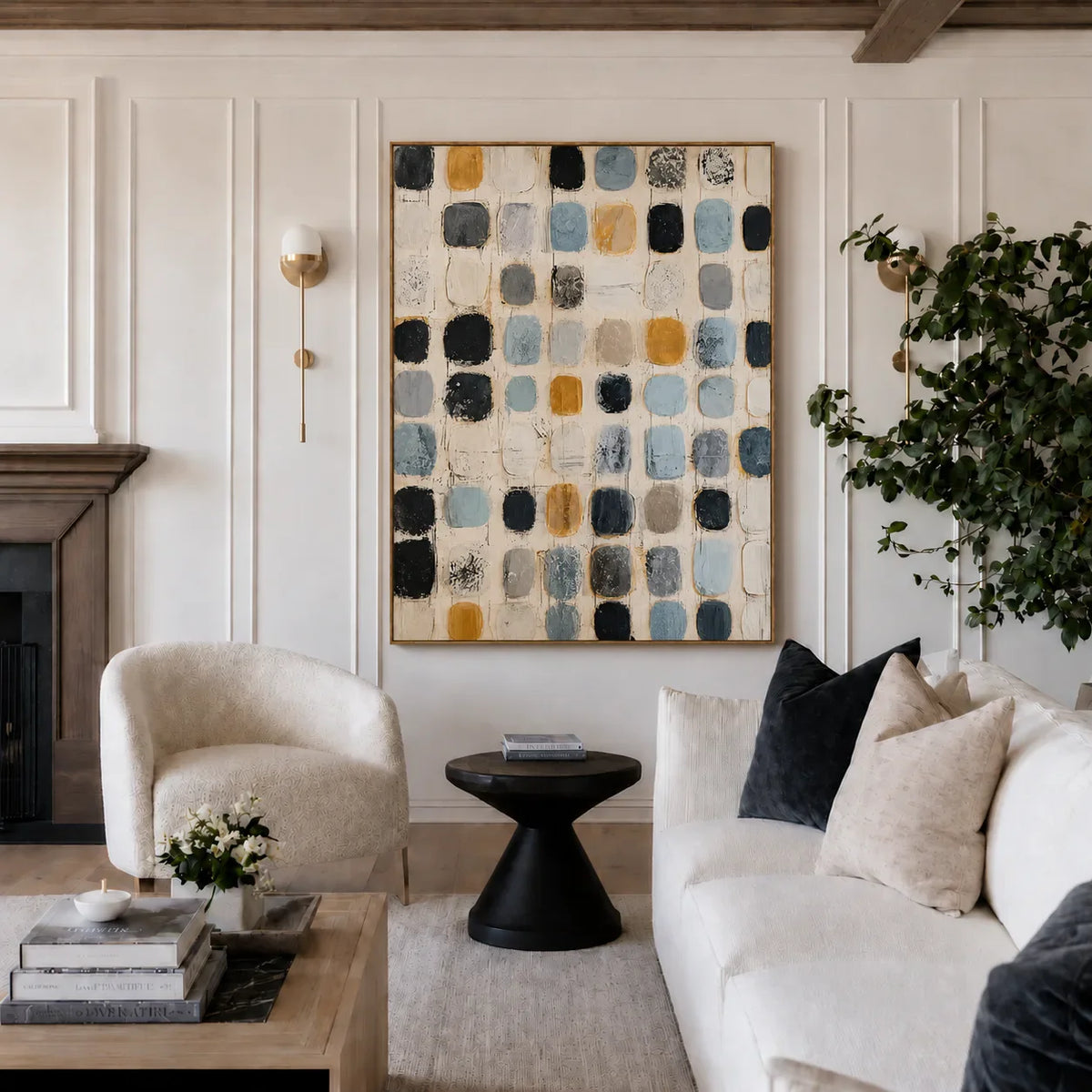 Soft Blue and Ochre Patchwork Grid Wall Art styled interior scene 5 | Olyrel