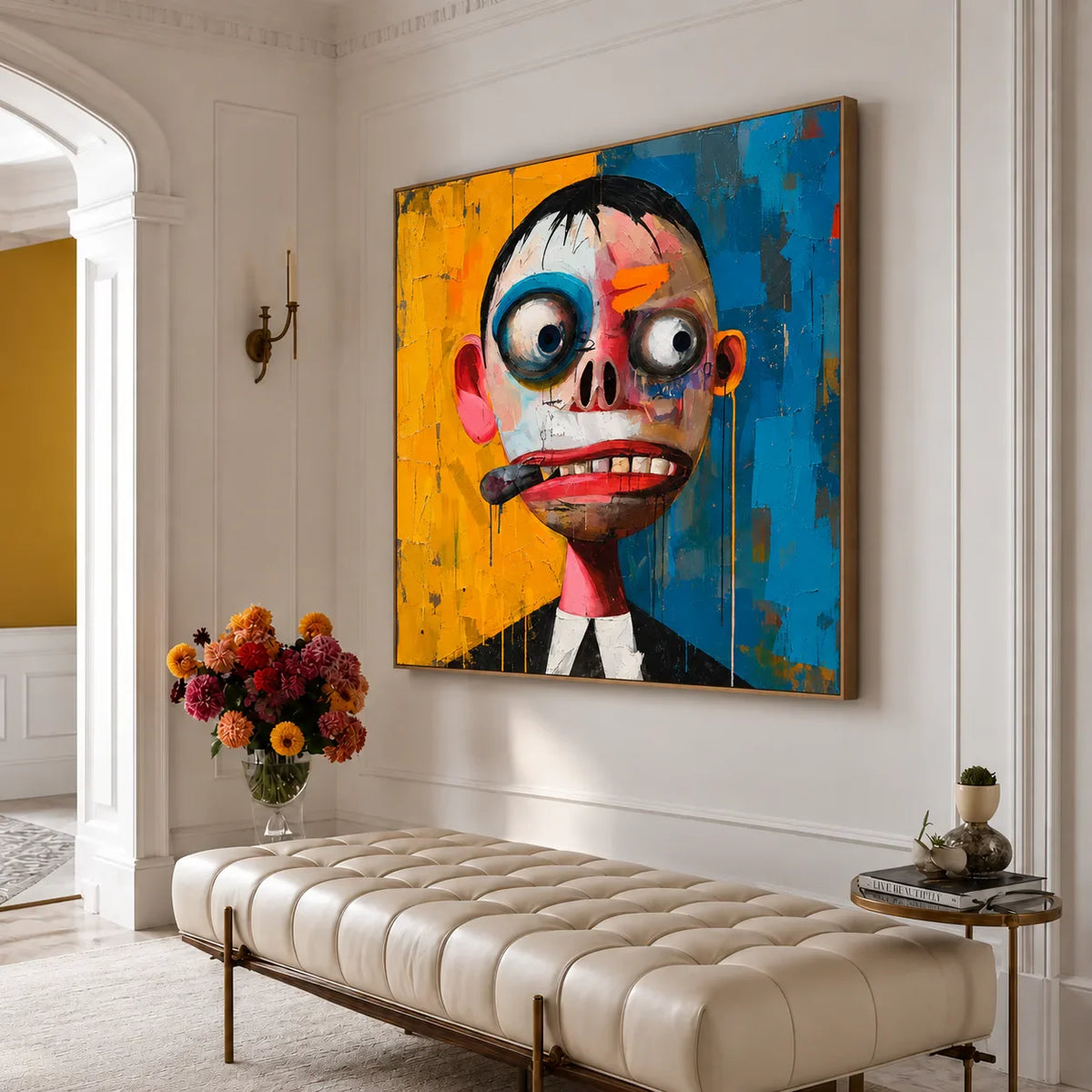 Wide-Eyed Character in Blue and Yellow Wall Art styled interior scene 2 | Olyrel