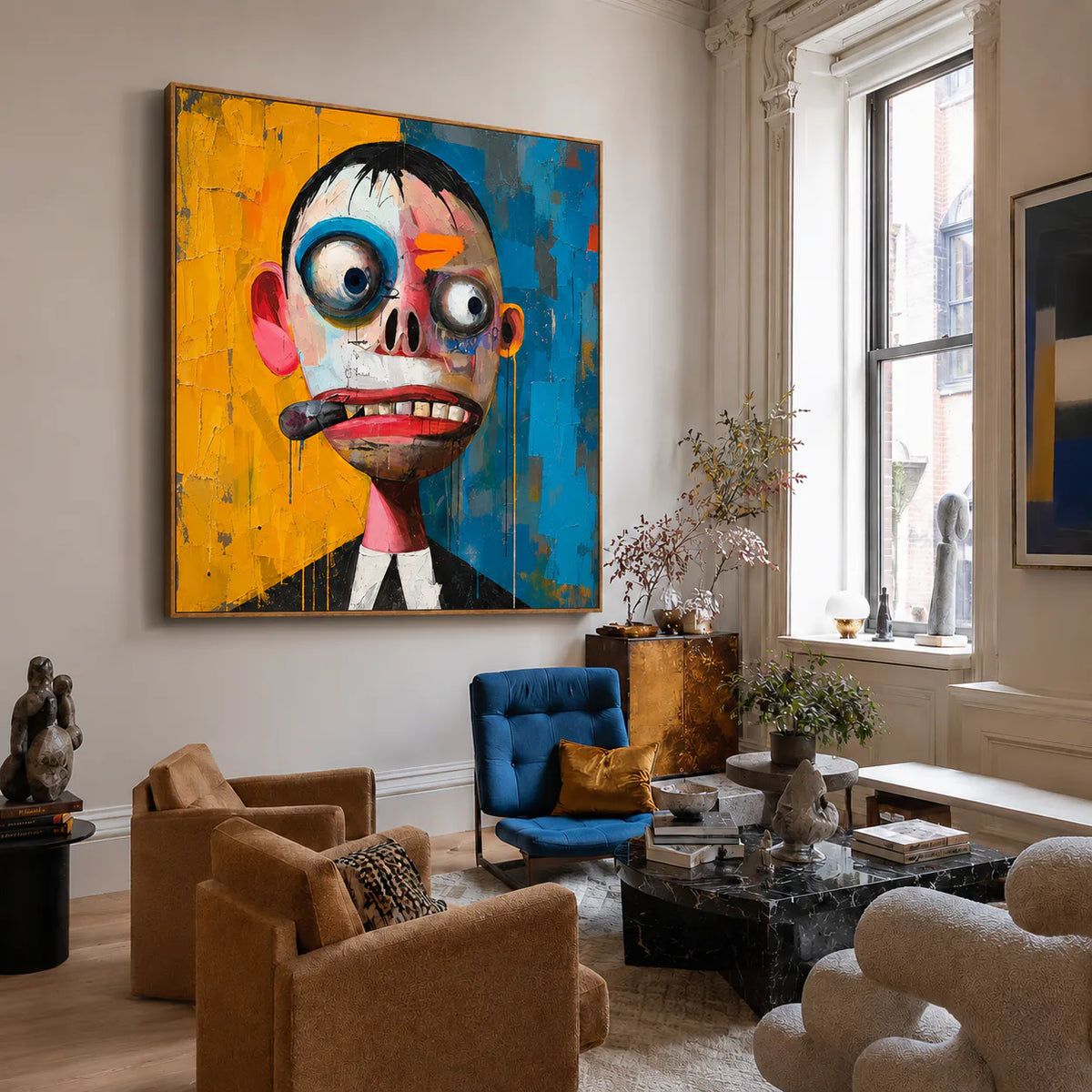Wide-Eyed Character in Blue and Yellow Wall Art styled interior scene 5 | Olyrel
