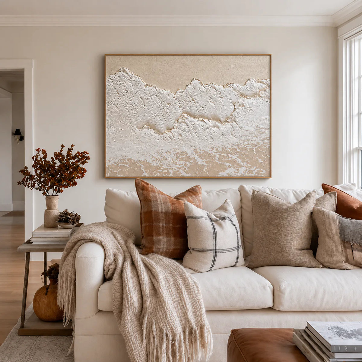 Ivory Surf over a Sandy Shore Wall Art styled interior scene 1 | Olyrel