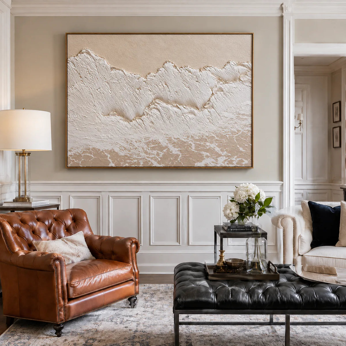 Ivory Surf over a Sandy Shore Wall Art styled interior scene 2 | Olyrel
