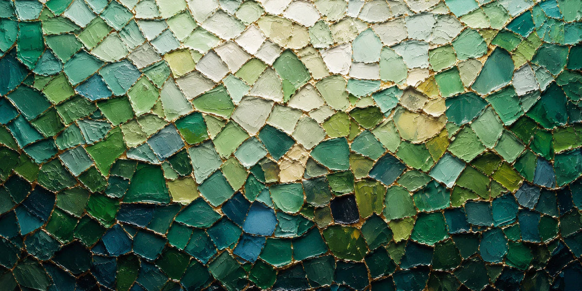 Emerald Mosaic with a Pale Green Glow Wall Art artwork view | Olyrel