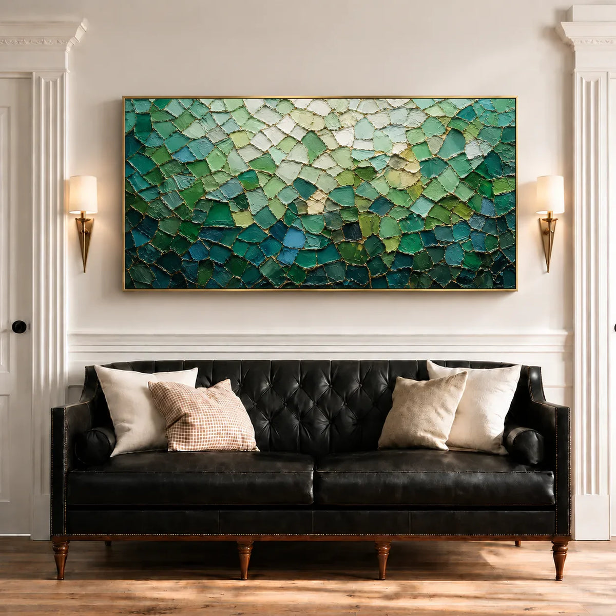 Emerald Mosaic with a Pale Green Glow Wall Art styled interior scene 1 | Olyrel